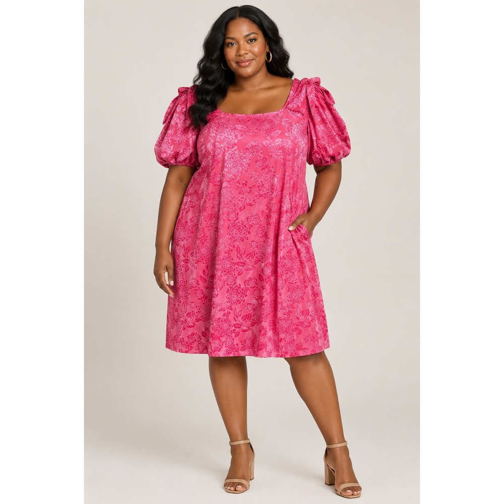 Ivy City Co Nina Bow Dress Pink Velvet Burnout Floral Puff Sleeve 18W NWT